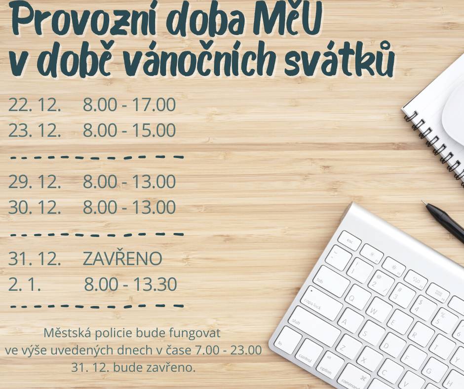 🎄 Vánoce klepou na dveře (i na dveře úřadu)... A proto upravujeme v této době provozní dobu městského úřadu. Přejeme vám krásné svátky a co nejméně úředních záležitostí v novém roce 😊