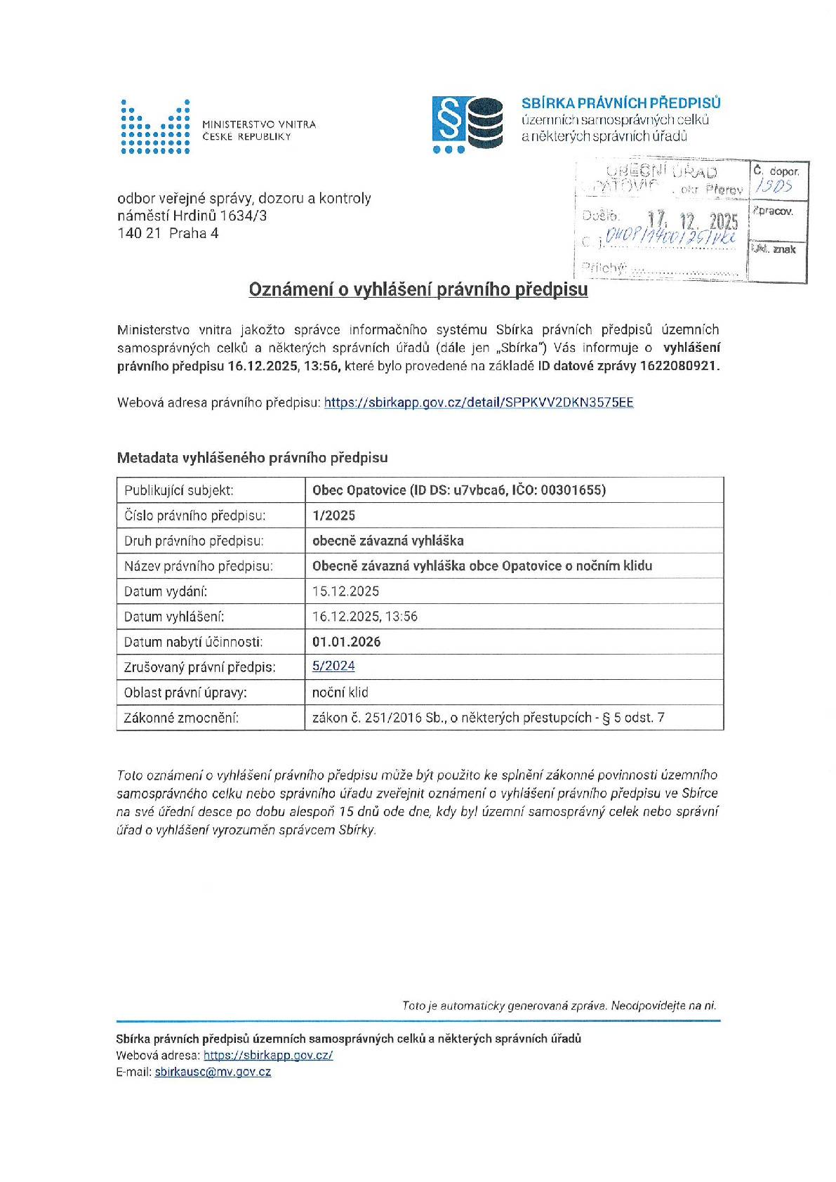 Oznámení o vyhlášení právního předpisu 1/2025