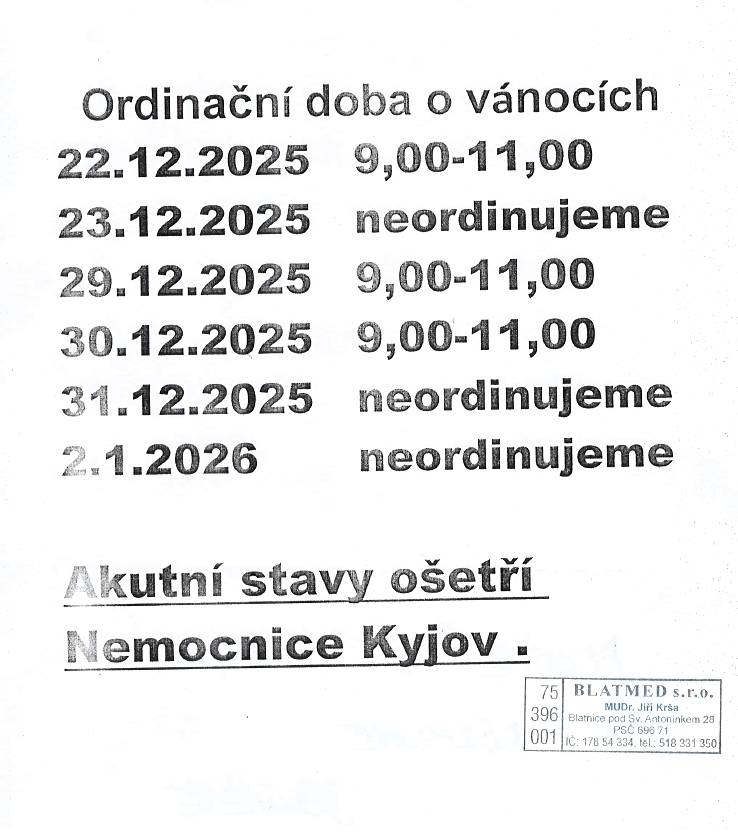 Ordinační doba během vánočních svátků