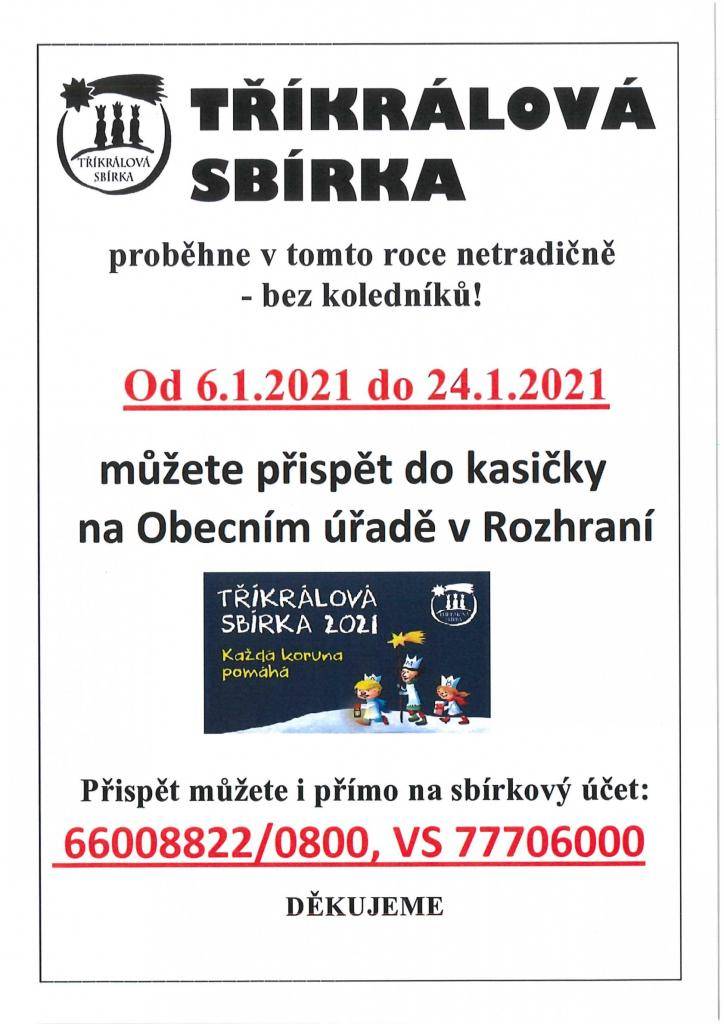 Letošní Tříkrálová sbírka proběhne poněkud netradičně. Z důvodu opatření proti šíření nemoci Covid-19 nebudou chodit koledníci dům od domu. Pokud chcete přispět potřebným, můžete do 24.1. do kasičky na obecním úřadě nebo zasláním obnosu na účet.