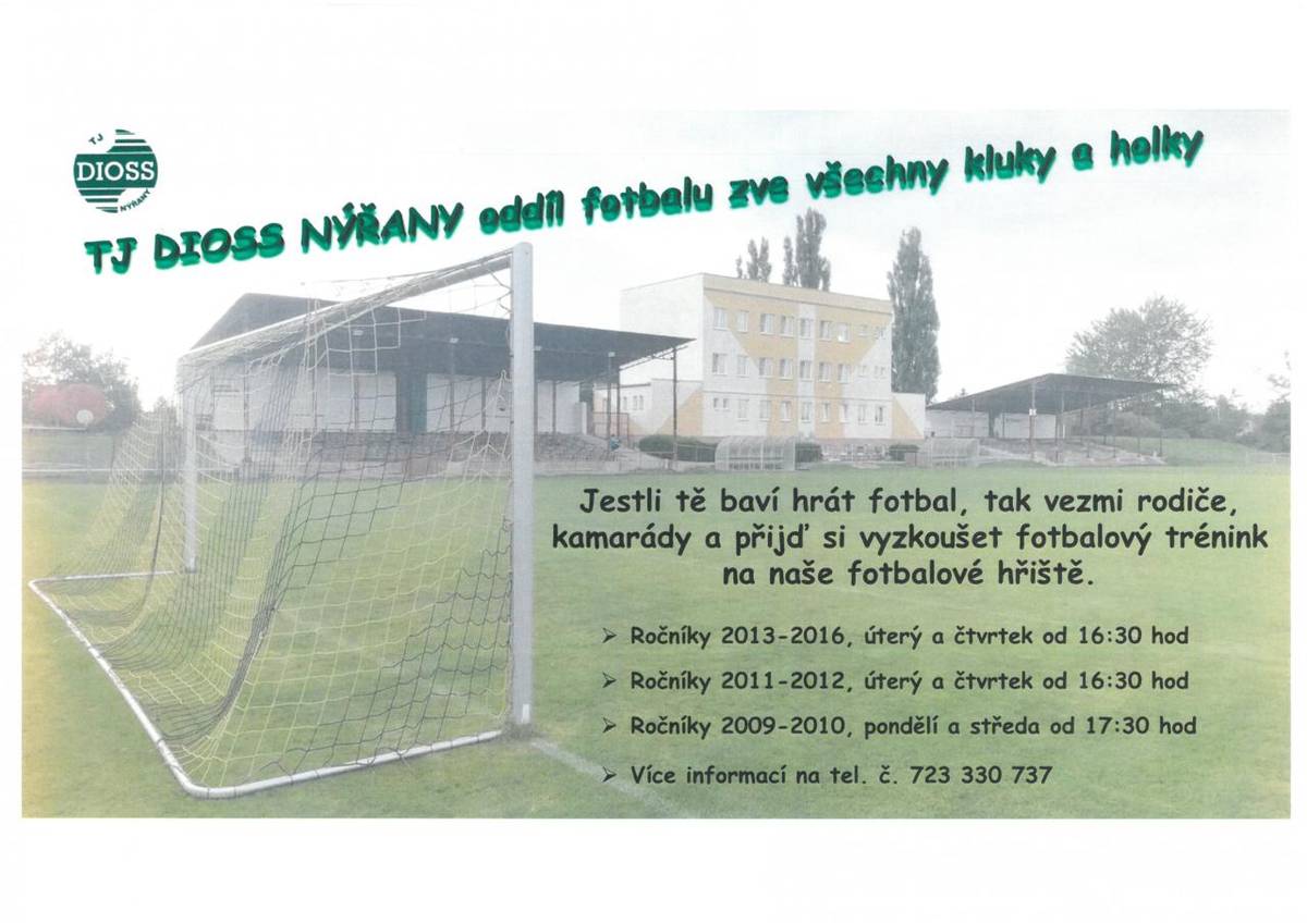 Oddíl fotbalu TJ Dioss Nýřany z.s. zve všechny děti, které baví hrát fotbal, na náborový trénink.