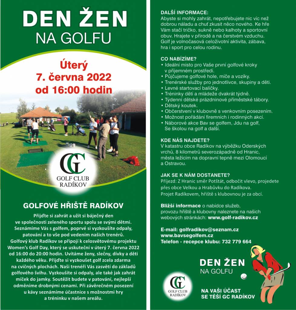 Golfové hřiště Radíkov pořádá v úterý od 16h Den žen na golfu.