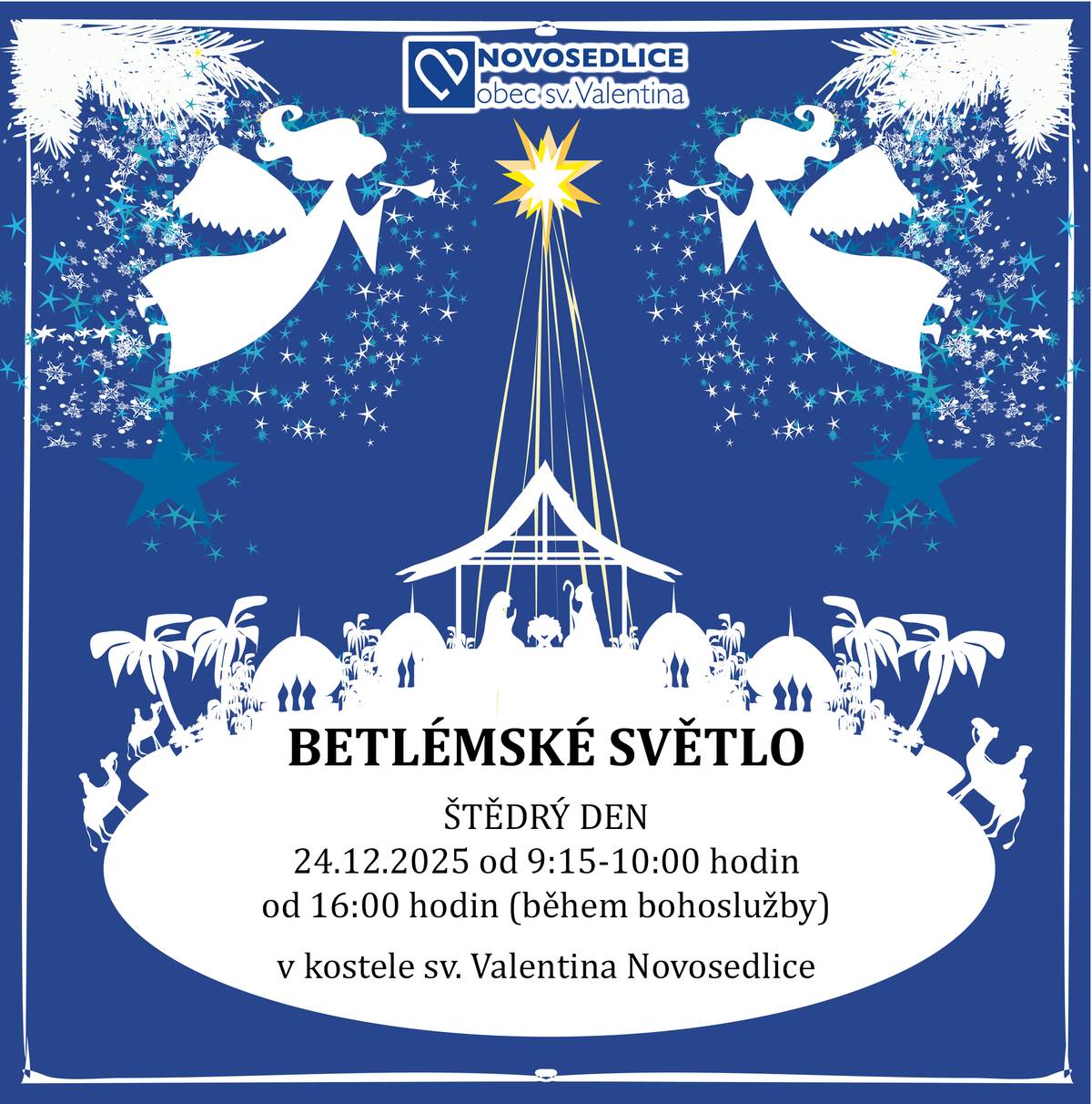 Na Štědrý den se i letos v našem kostele rozhoří Betlémské světlo – symbol pokoje, naděje a Vánoc. Přijďte si jej odnést domů a sdílet sváteční atmosféru se svými blízkými. 📅 24. 12. 2025 ⏰ 9:15–10:00 ⏰ od 16:00 (během bohoslužby) 📍 kostel sv. Valentina, Novosedlice ✨ Těšíme se na setkání s vámi.