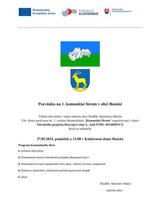 Pozvánka na 1. komunitné fórum v obci Banské