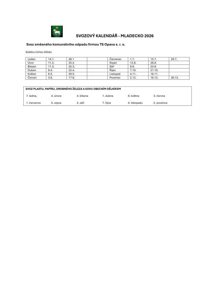 Svozový kalendář pro rok 2026