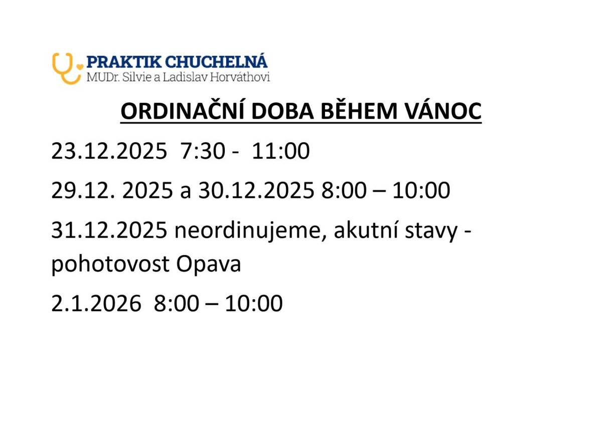Ordinace MUDr. Silvie a Ladislava Horváthových oznamuje ordinační dobu během Vánoc.