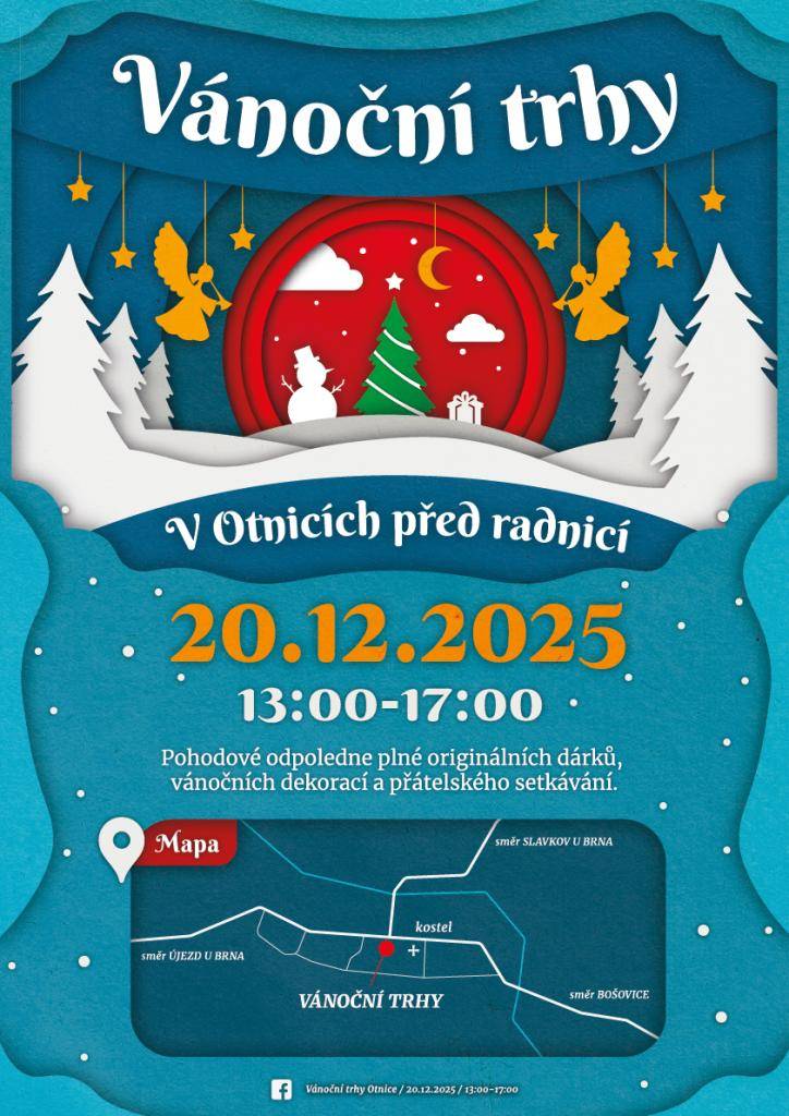 Pozvánka na Vánoční trhy v Otnicích, které se uskuteční tuto sobotu 20. 12. 2025 od 13:00 do 17:00 před radnicí v Otnicích.