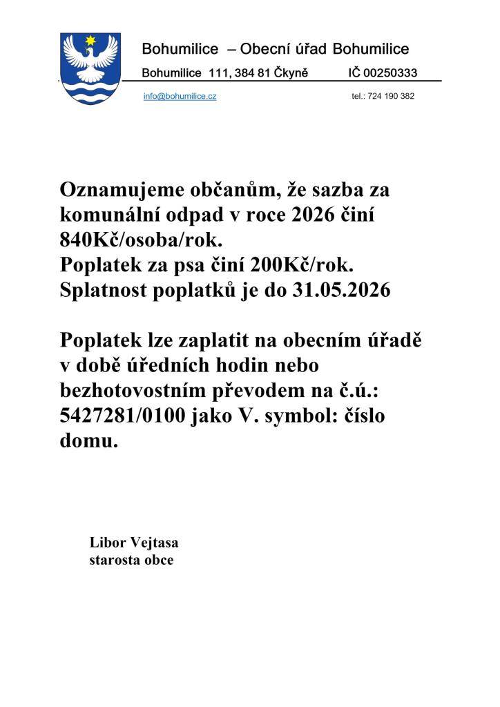 Poplatky pro rok 2026 za TKO