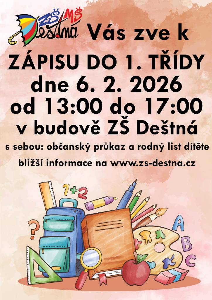Zápis do 1. třídy na školní rok 2026/2027 proběhne dle novely školského zákona 6. 2. 2026 od 13. do 17. hodin.