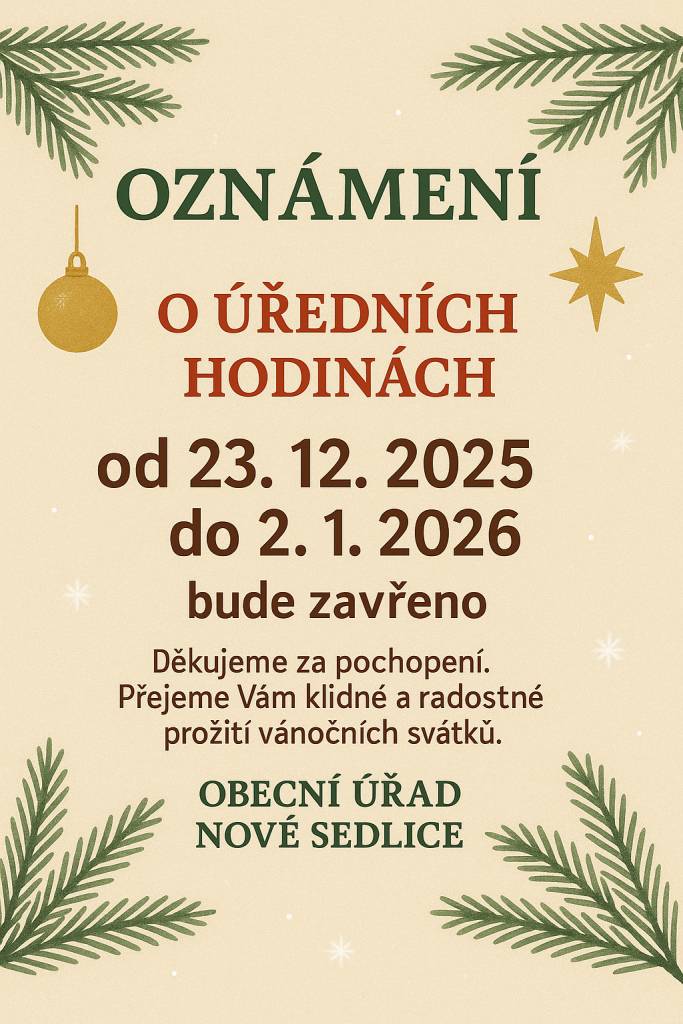 Obecní úřad bude uzavřen od 23.12.2025 do 2.1.2026