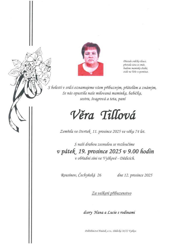 z Rousínova zemřela dne 11. prosince 2025 ve věku 74 let