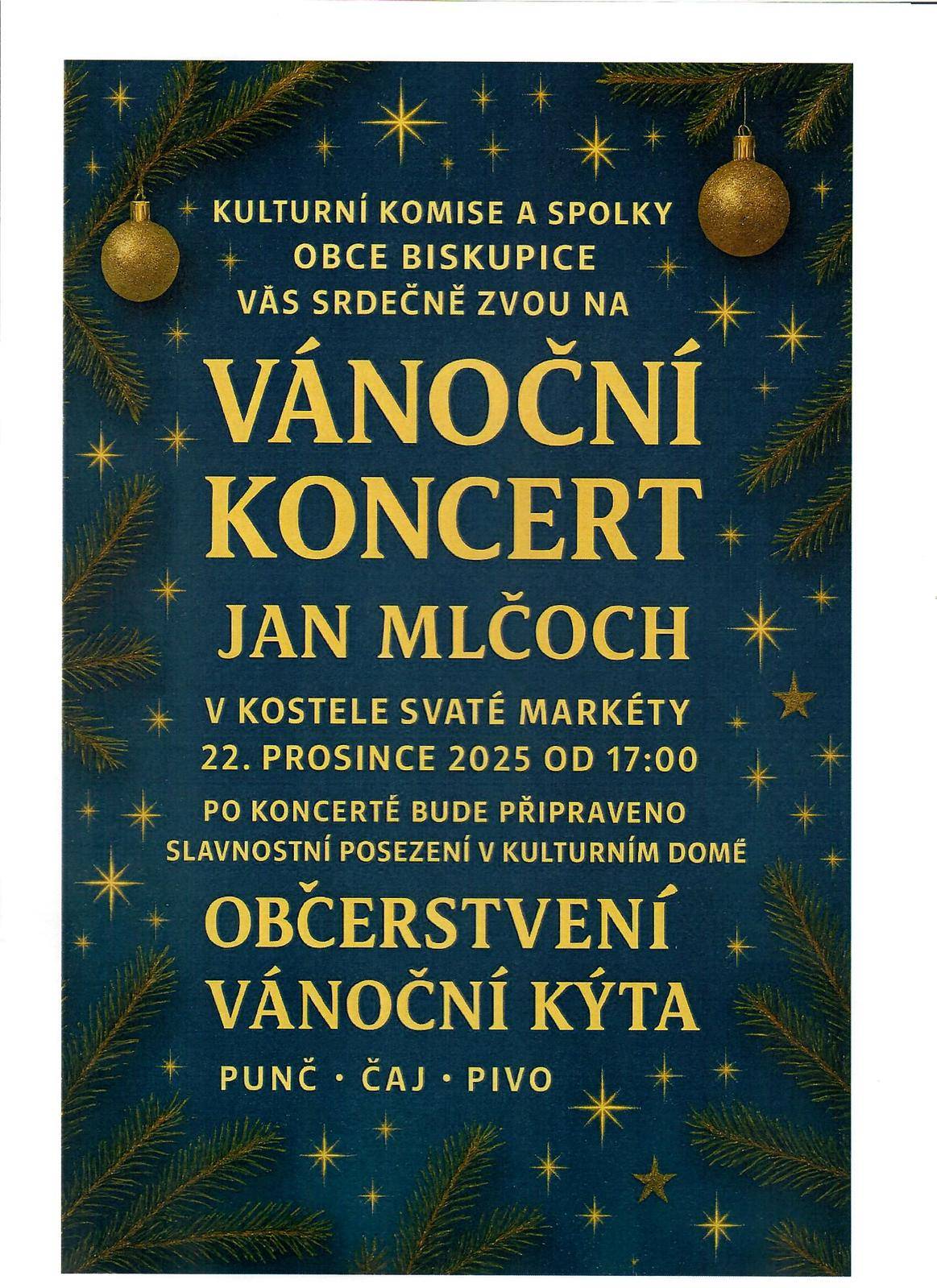 Srdečně zveme všechny občany na tradiční adventní koncert, který se uskuteční 22.12. od 17 hodin v místním kostele. Po koncertu je pro všechny připraveno posezení. Přijďte si užít vánoční atmosféru společně se svými sousedy.