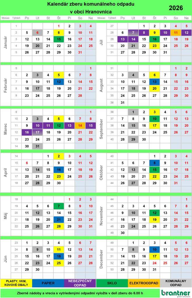 Vážení občania, prinášame Vám kalendár triedeného zberu komunálneho odpadu na rok 2026 v obci Hranovnica, ktorý nám poskytla spoločnosť Brantner Poprad, s.r.o.