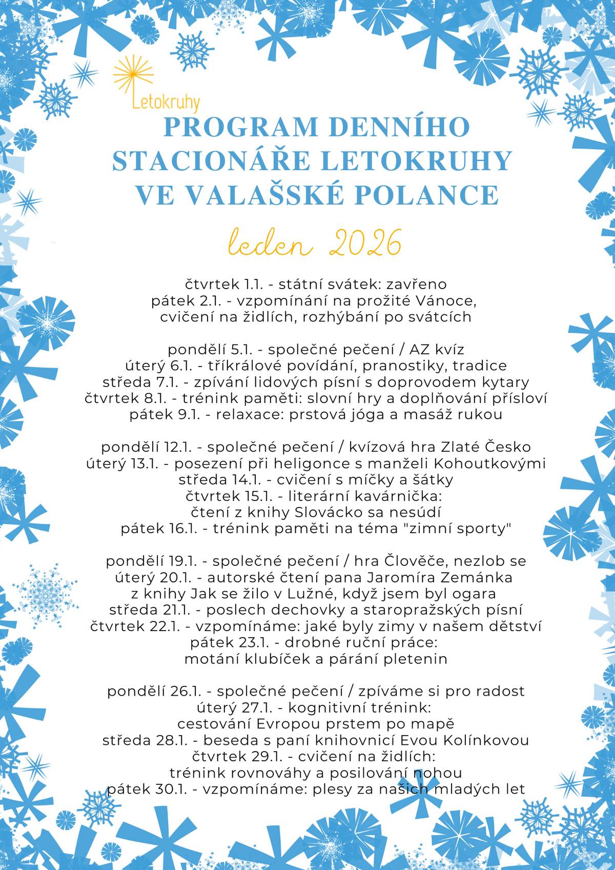 Program aktivit stacionáře Letokruhy na leden 2026.