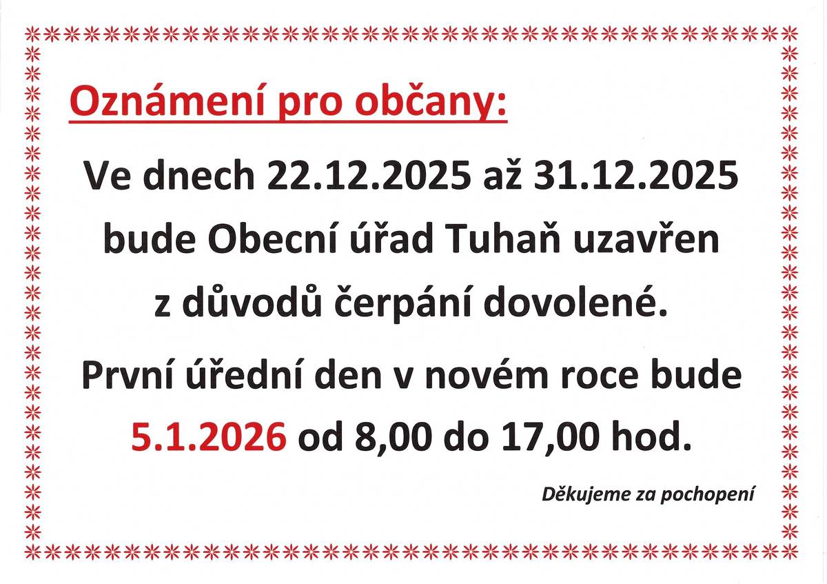 Oznámení o uzavření OÚ Tuhaň