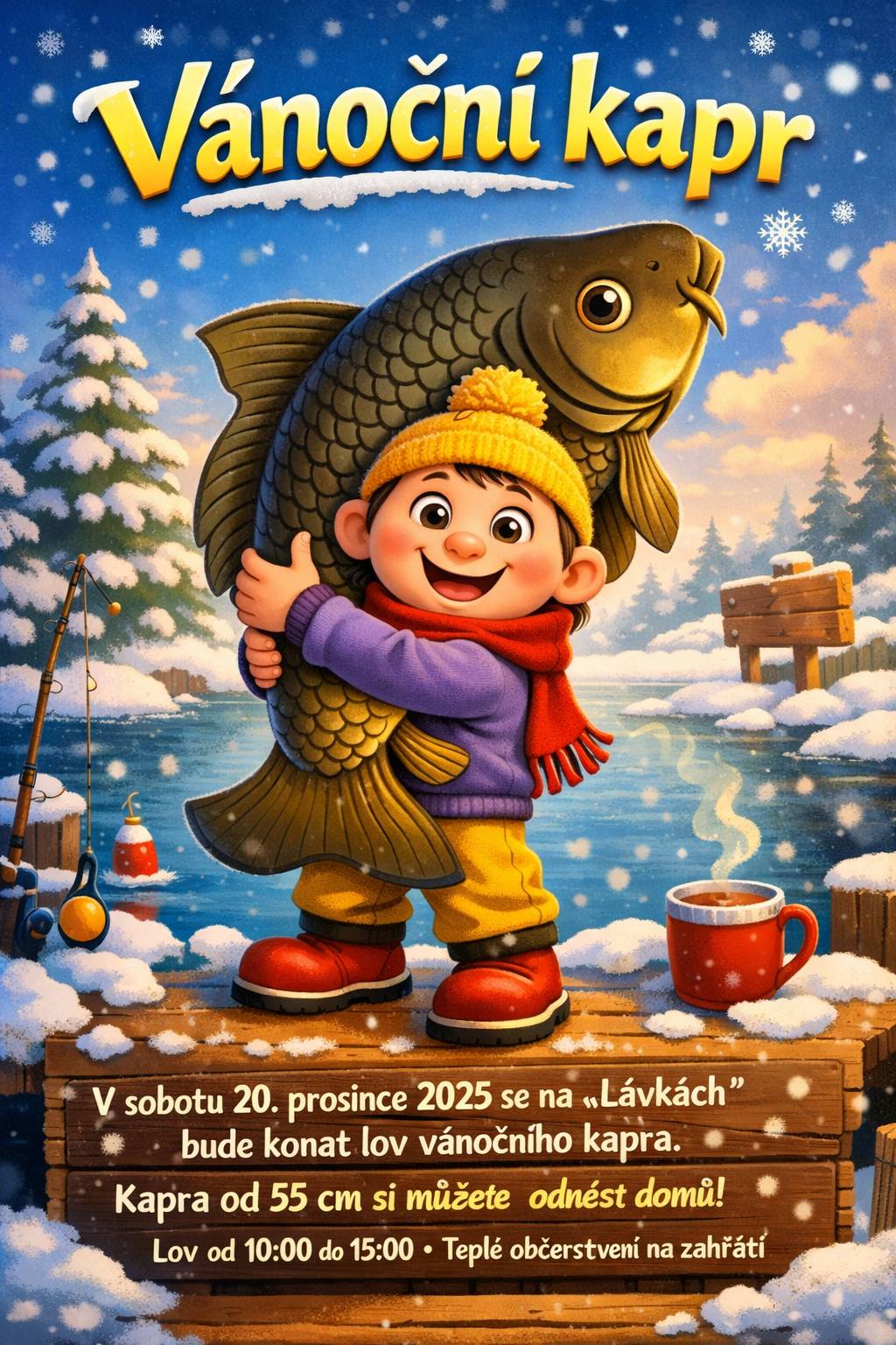 🎄🐟 Vánoční kapr na Lávkách 🐟🎄 Drazí sousedé, Vánoce už klepou na dveře a k nim neodmyslitelně patří i vánoční kapr. Proto vás zveme na milé předvánoční setkání u vody. 📅 V sobotu 20. prosince 2025 📍 na Lávkách v Tišicích 🕙 od 10 do 15 hodin Bude se konat lov vánočního kapra – komu se podaří ulovit kapra do velikosti 55 cm, může si ho odnést domů na štědrovečerní stůl. Nebude chybět ani něco teplého na zahřátí, aby bylo u vody příjemně i v zimním čase. Přijďte si zarybařit, popovídat, potkat sousedy a užít si klidnou předvánoční atmosféru. Pojďme si společně užít jeden hezký adventní den. 🎄 Těšíme se na vás.