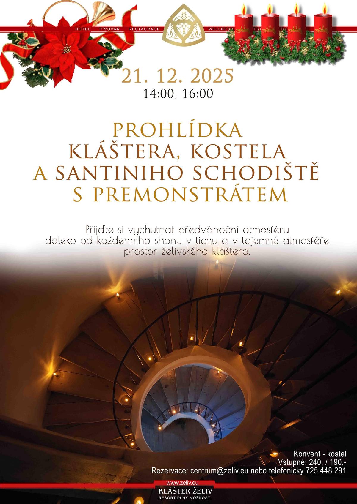 Zveme vás na speciální prohlídku kláštera, která se uskuteční 21. prosince 2025. Prohlídka proběhne v doprovodu premonstráta, který vám odhalí tajemství klášterního života a ukáže místa běžně nepřístupná veřejnosti. Časy prohlídek:  14:00 – první speciální prohlídka 16:00 – druhá speciální prohlídka  Během prohlídky se dozvíte více o historii želivského kláštera, životě premonstrátů a unikátních architektonických skvostech tohoto duchovního centra. Rezervace vstupenek je doporučená, kapacita míst je omezená.
