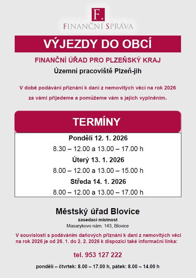Pracovníci Finanční správy budou počátkem ledna úřadovat v Blovicích