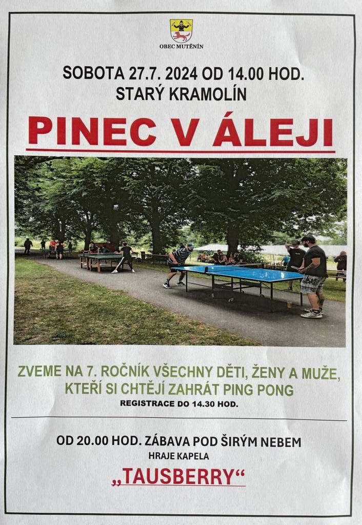 Zveme Vás do Starého Kramolína na 7. ročník turnaje v pig pongu pod širým nebem. Po skončení turnaje bude od 20.00 hod. zábava. Hraje skupina "Tausberry"
