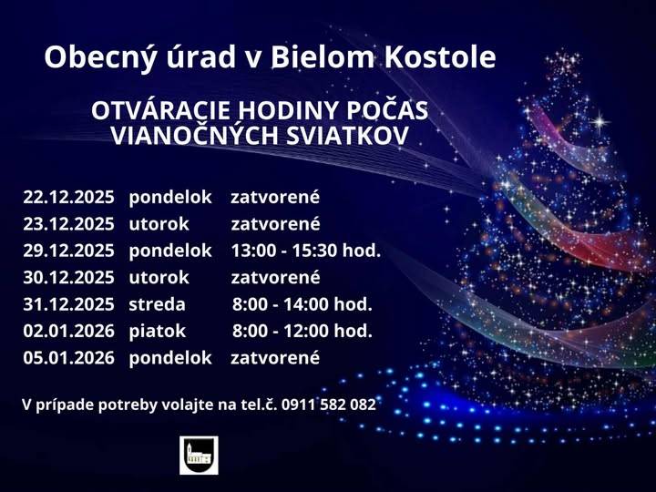 Počas sviatkov máme upravené stránkové hodiny na OcÚ.  Zberný dvor bude OTVORENÝ obidve soboty t.j.27.12.2025 a 3.1.2026  Dňa 31.12.2025 bude ZATVORENÝ