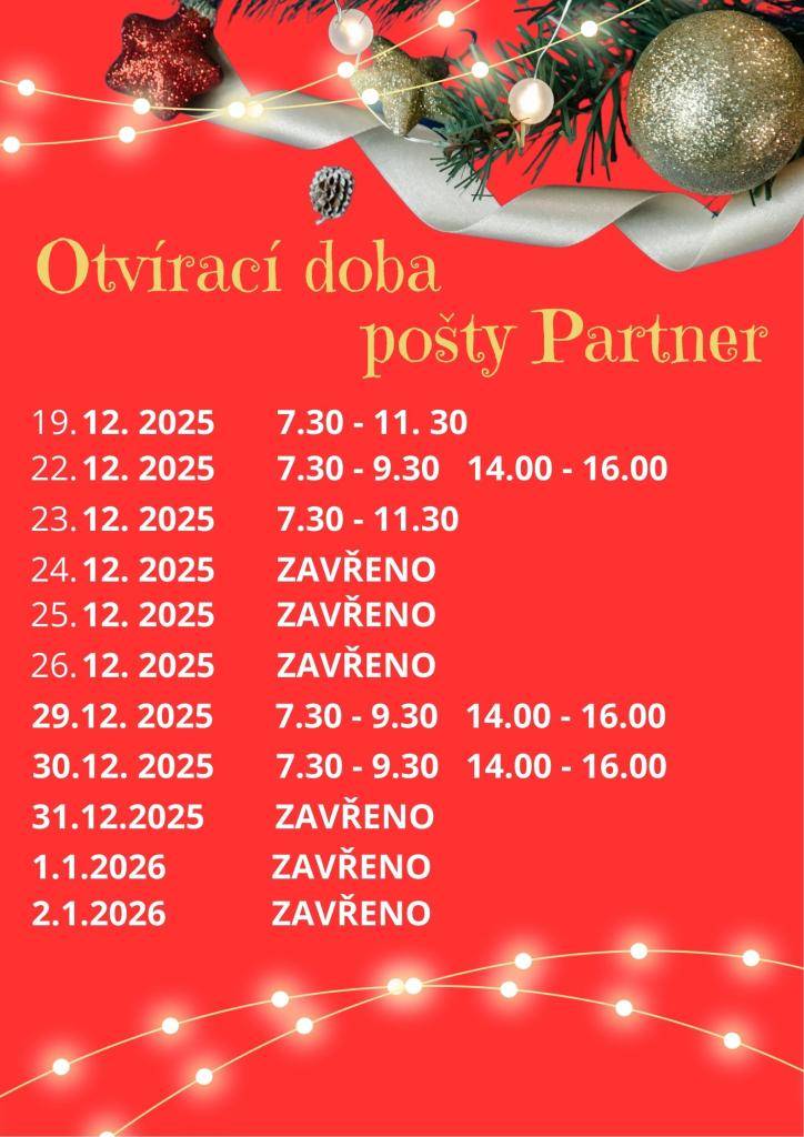 Otvírací doba pošty Partner ve Starém Městě pod Landštejnem v období vánočních svátků