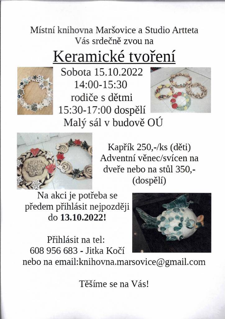 Místní  lidová  knihovna a studio Artteta Vás zvou  na KERAMICKÉ  TVOŘENÍ
