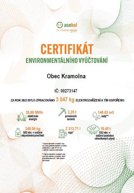 Certifikát environmentálního vyúčtování vyčísluje přínos naši obce k ochraně přírody v roce 2023.
