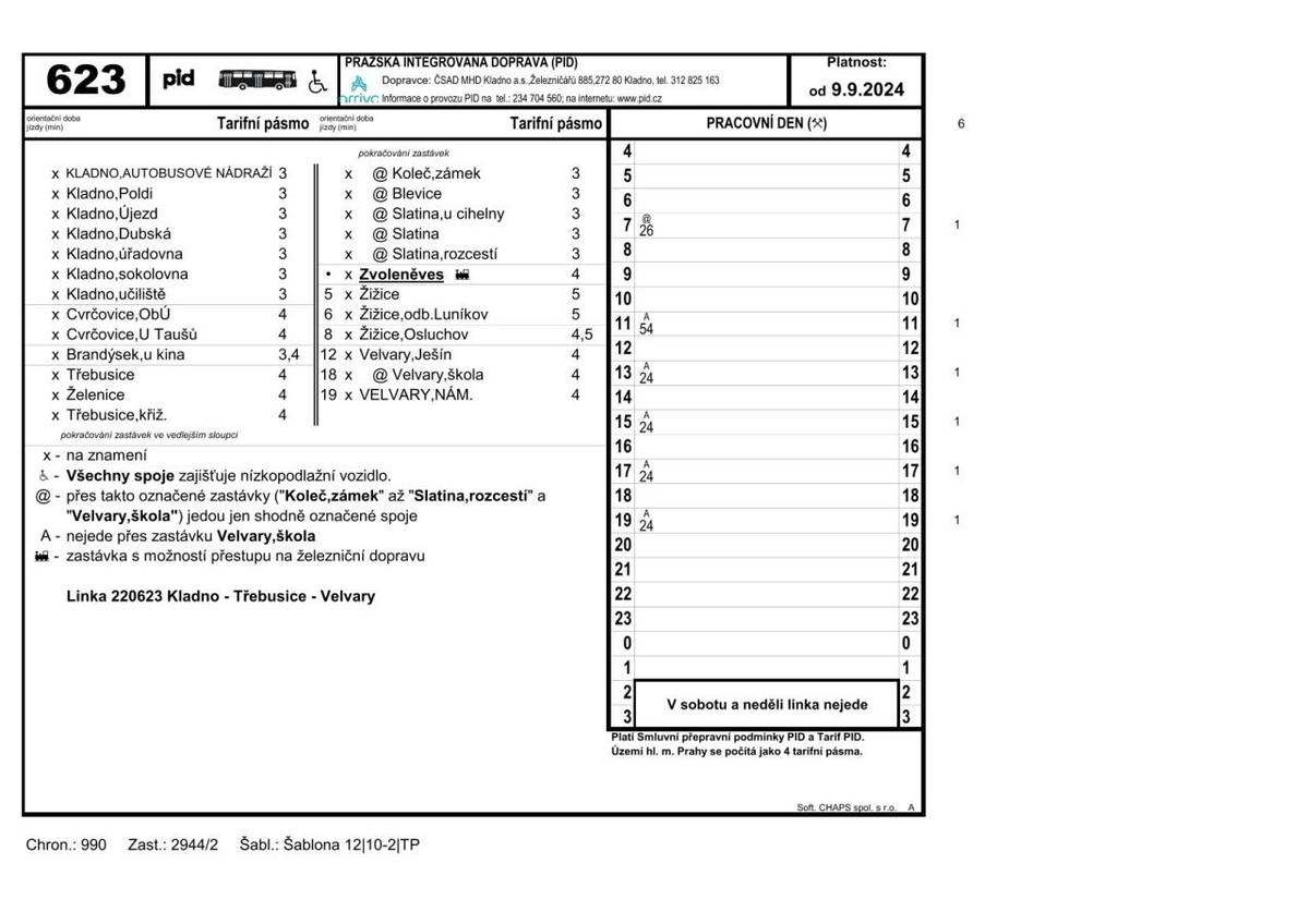 Jízdní řád platný od 9.9.2024