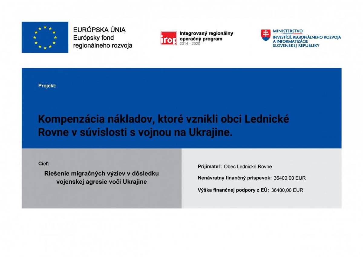 Kompenzácia nákladov, ktoré vznikli obci Lednické Rovne v súvislosti s vojnou na Ukrajine