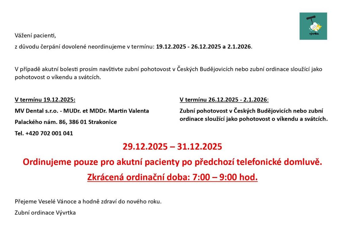 Zubní ordinace Vývrtka_ordinační doba o svátcích