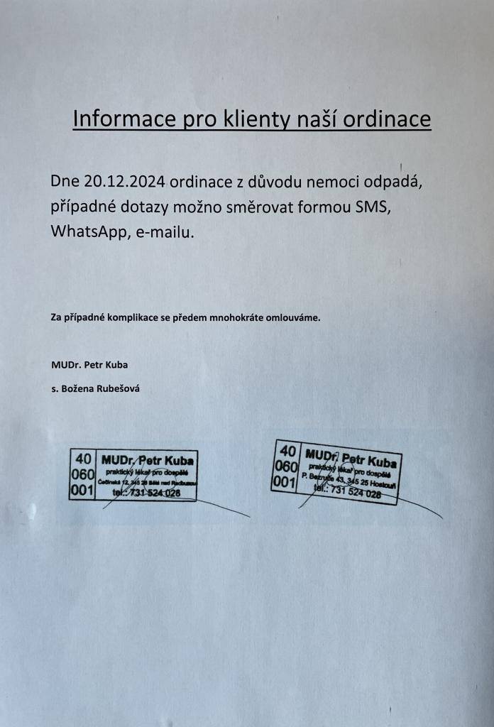 Informace pro klienty ordinace - MUDr. P. Kuba