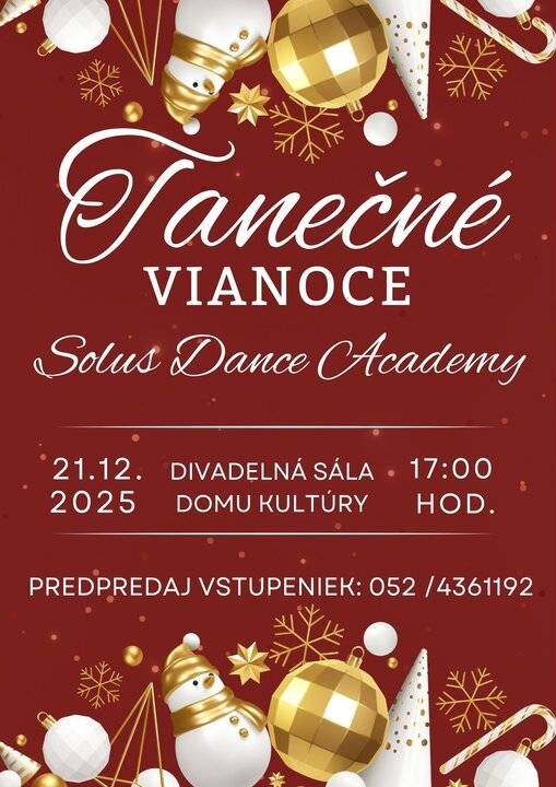 💃Máte radi tanec? Tanečné Vianoce Vám ponúka Solus Dance Academy. 👉Podujatie sa uskutoční v nedeľu 21. decembra v divadelnej sále Domu kultúry o 17. hodine. Budete pri tom? 😉