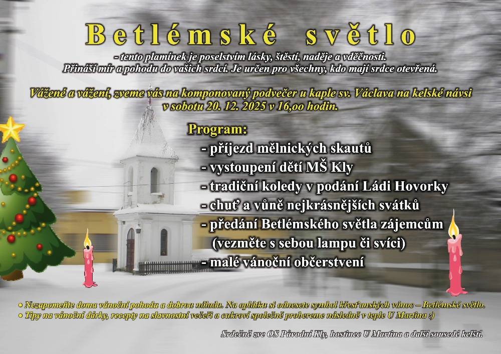 OS Původní Kly a hostinec U Martina vás zvou v sobotu 20.12.2025 od 16:00 hod na komponovaný podvečer na Kelské návsi.
