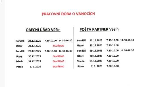O vánočních svátcích bude upravená pracovní doba na Obecním úřadě ve Věšíně. Na Poště Partner bude pracovní doba beze změn.  Děkujeme za pochopení.