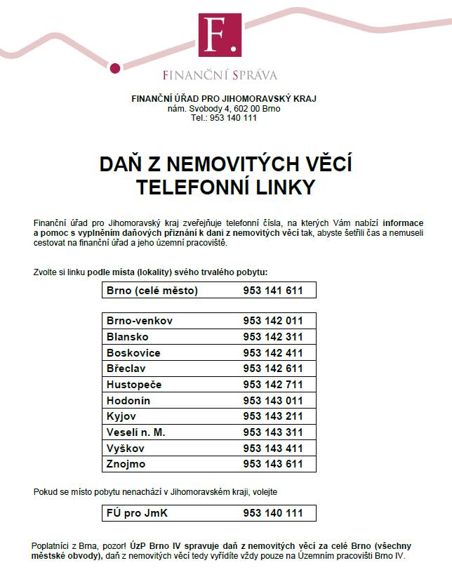 Informační letáky k telefonním linkám pro zodpovídání dotazů z oblasti daně z nemovitých věcí a informace o výjezdech do obcí.