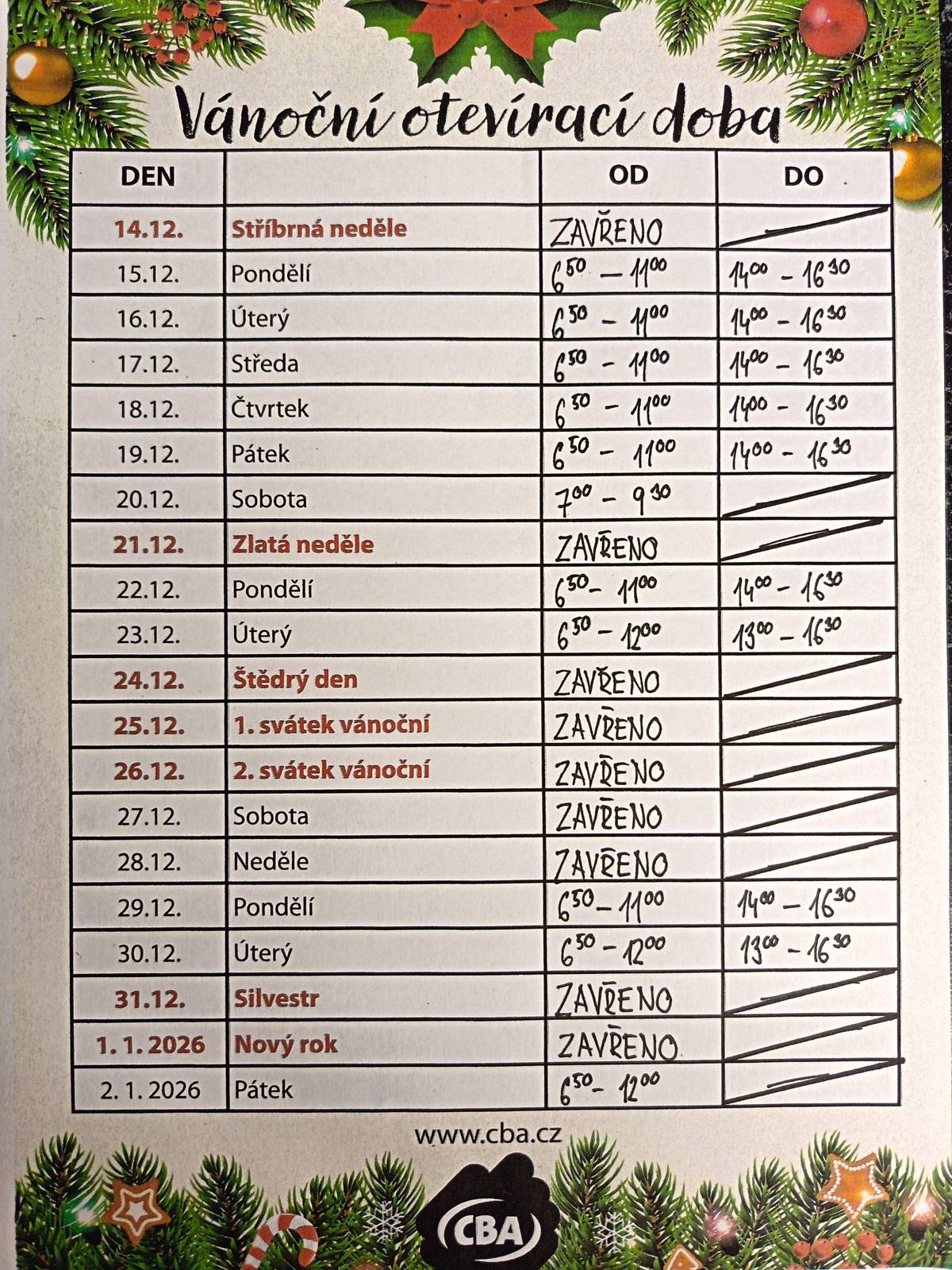 Vánoční otevírací doba obchodu v Jankovicích a nabídka objednávky zboží na vánoční svátky.