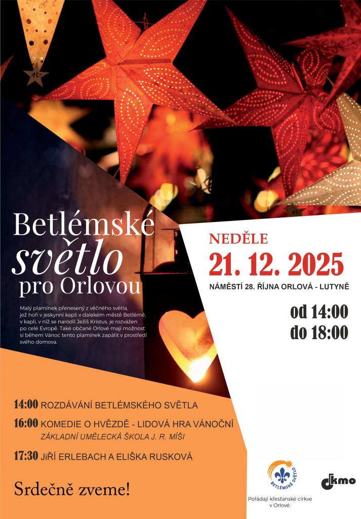 Poslední adventní neděle se v Orlové ponese v duchu rozdávání betlémského světla, lidové vánoční hry a hudebních zážitků. Pro plamínek z Betléma, který 13. prosince dovezli do orlové mladí farníci z místního evangelického sboru, si můžete přijít od 14 do 18 hodin na náměstí 28. října. U této příležitosti můžete zhlédnout lidov...