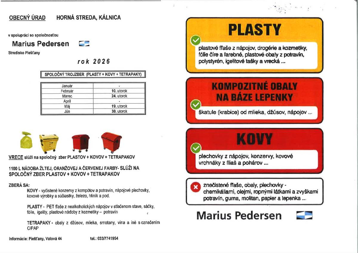 Vývoz papier, plasty, sklo  - Horná Streda 1. polrok 2026