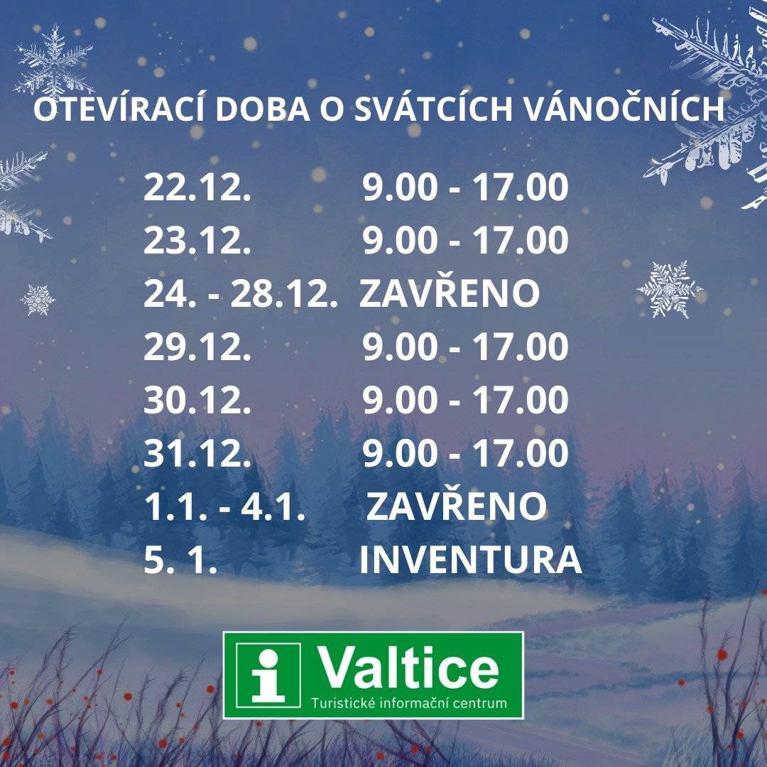 Milí návštěvníci, v přiloženém rozpisu vidíte přehled, jak budeme mít otevřeno. Prosíme, než se k nám vydáte, mrkněte na aktuální rozpis, ať vaše cesta vede jen k radosti😊.   ✨A teď to nejdůležitější✨ Přejeme vám kouzelné Vánoce plné klidu, světýlek, dobré nálady a setkání, která zahřejí u srdce🎁💫 Do nového roku přejeme zdraví, lehkost v krocích, spoustu důvodů k úsměvu a krásné cesty, malé i velké🧭🍀   Děkujeme, že jste s námi, a těšíme se na vás i v roce 2026❤️ Váš tým TIC😊