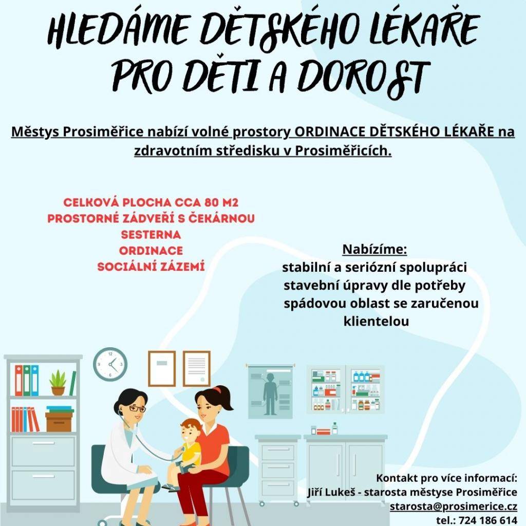 Městys Prosiměřice nabízí volné prostory ORDINACE DĚTSKÉHO LÉKAŘE na zdravotním středisku v Prosiměřicích.