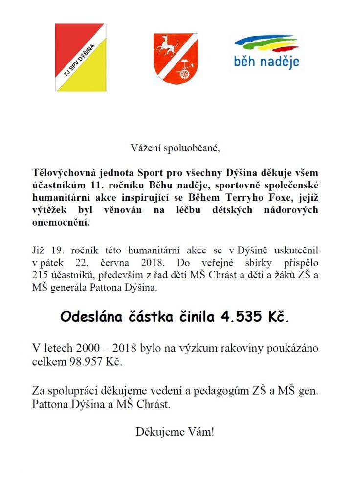 Tělovýchovná jednota Sport pro všechny Dýšina z.s. děkuje všem, kteří se zúčastnili tradičního již 11. ročníku Běhu naděje,  který se v Dýšině konal 22. 6. 2018. Výtěžek akce byl věnován na léčbu dětských nádorových onemocnění. Více informací zde: