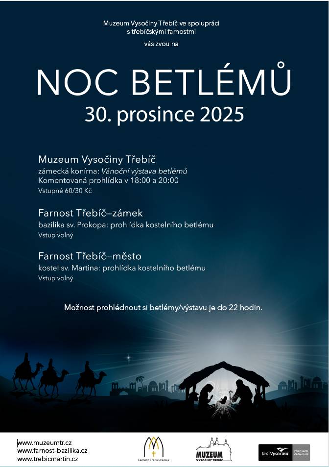 Pozvání na letošní druhý ročník Noci betlémů, která se v Muzeu Vysočiny Třebíč uskuteční v úterý 30. prosince 2025.