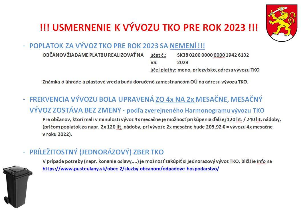 USMERNENIE K VÝVOZU TKO PRE ROK 2023