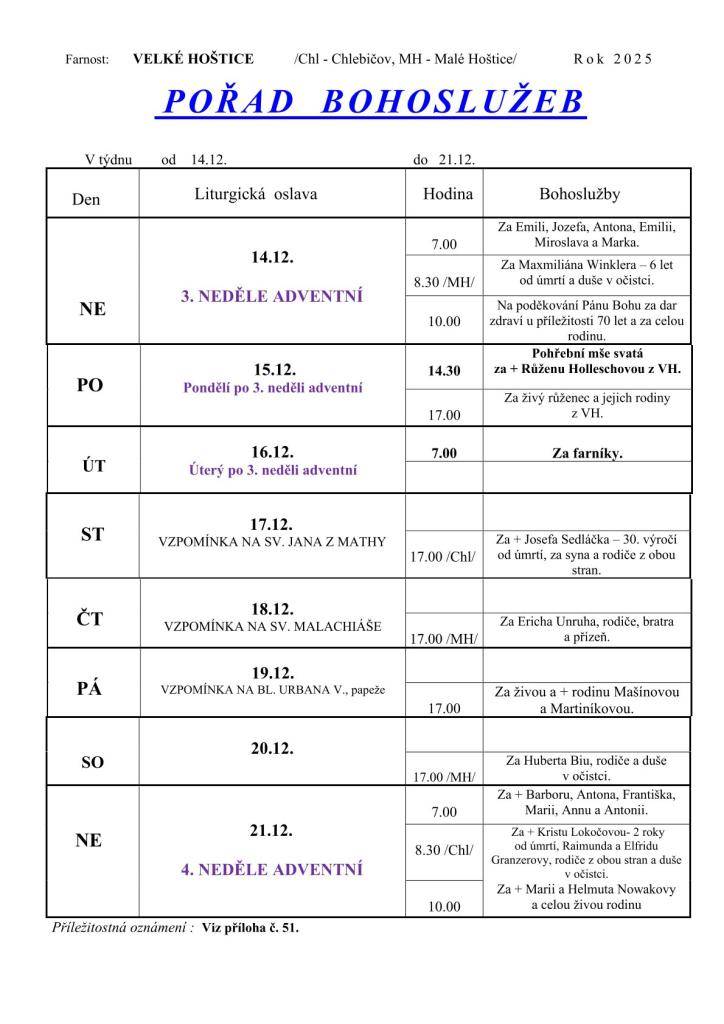 Přehled bohoslužeb Římskokatolické farnosti Velké Hoštice 14.-21. 12. 2025