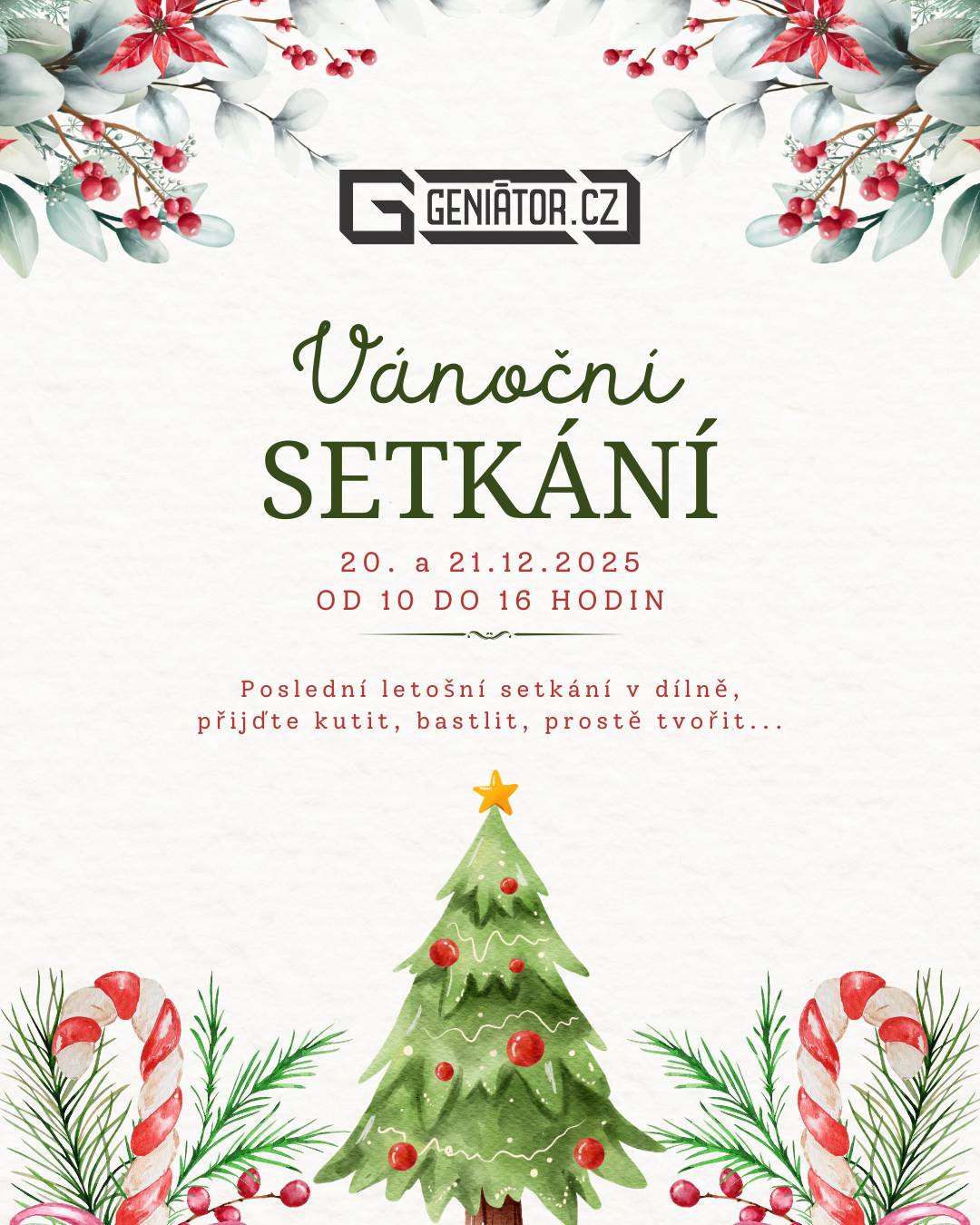I letos se těsně před Štědrým dnem potkáme v Geniální Hřebíkové a proměníme naši dílnu v útulné místo plné světýlek, vůně čaje a radostného tvoření. Společně si vyrobíme poslední osobní dárečky, drobné dekorace a maličkosti, které udělají pod stromečkem opravdovou radost – od jednoduchých rukodělných výrobků až po nápadité „vychytávky“ pro vaše blízké. Čeká vás příjemný, klidný čas s lidmi, které baví tvořit, sdílet nápady a povídat si u práce. Přijďte s rezervací i bez, na všechny se moc těšíme na letošní poslední otevřené dílně v sobotu 20. a neděli 21.12. od 10 do 16 hodin. Více informací na www.geniator.cz