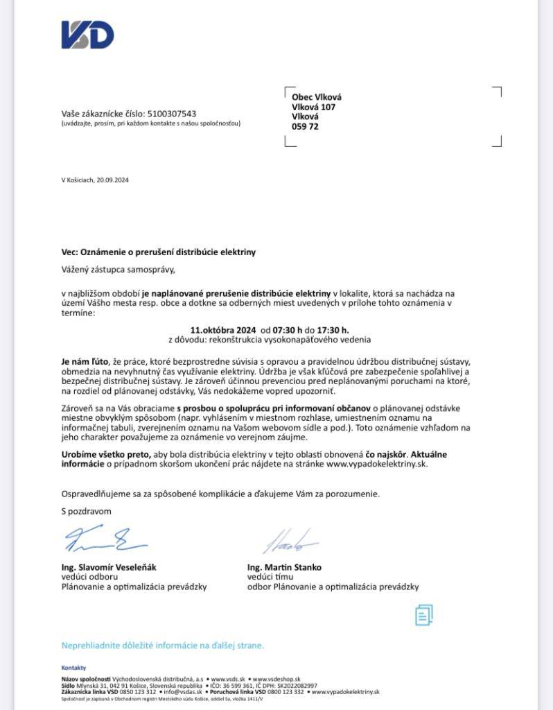 ⚡️Oznámenie o prerušení distribúcie elektriny - 11.10.2024 ⚡️