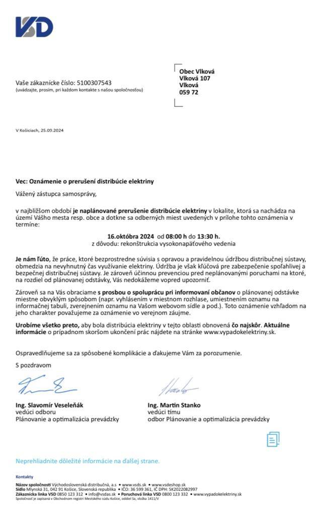 ⚡️Oznámenie o prerušení distribúcie elektriny - 16.10.2024⚡️
