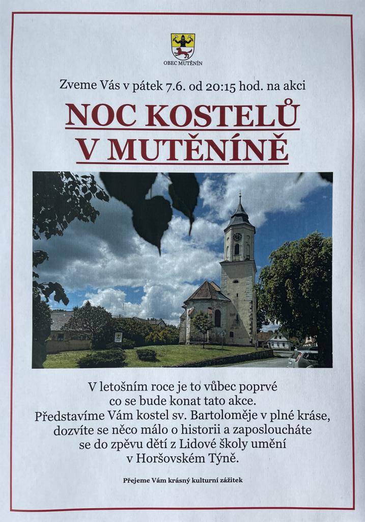 Zveme Vás na Noc kostelů v Mutěníně - pátek 7.6. 2024 od 20:15 hod.