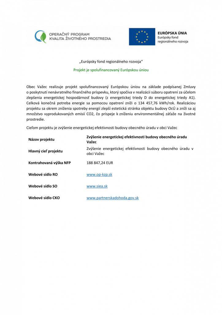 Zvýšenie energetickej efektívnosti budovy obecného úradu Važec