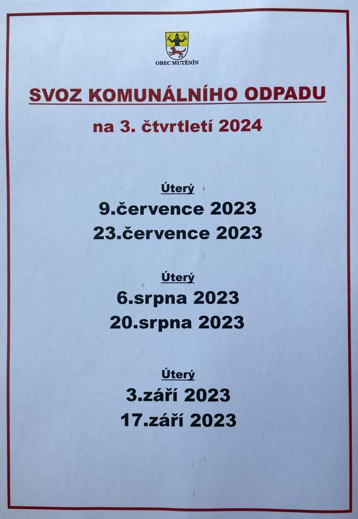 Svoz komunálního odpadu 3. čtvrtletí 2024